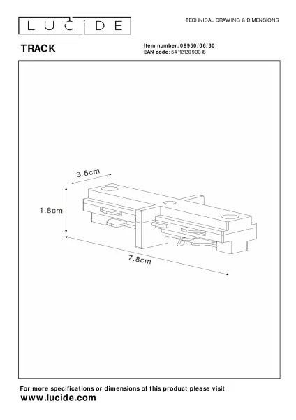 Lucide TRACK Conector en I - Sistema de carril monofásico / Iluminación con rieles - Negro (Extensión) - técnico